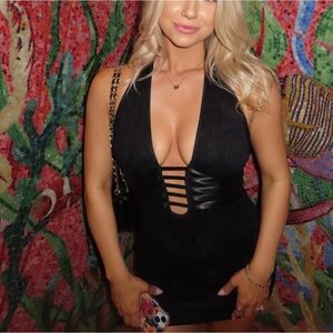 Black Halter Dress with Leather Accents